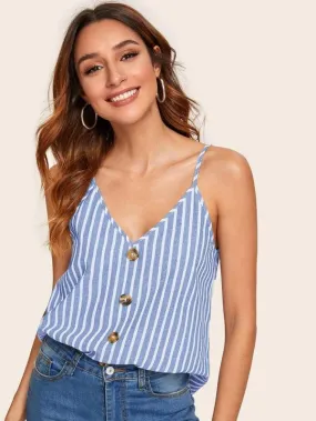 Striped Button V-Neck Cami Top