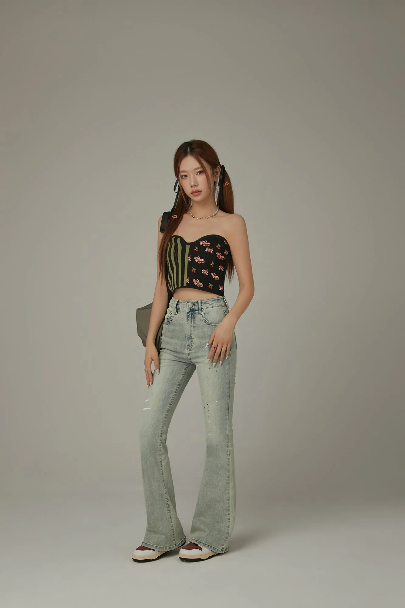 Striped Cherries Two Toned Color Knit Tube Top