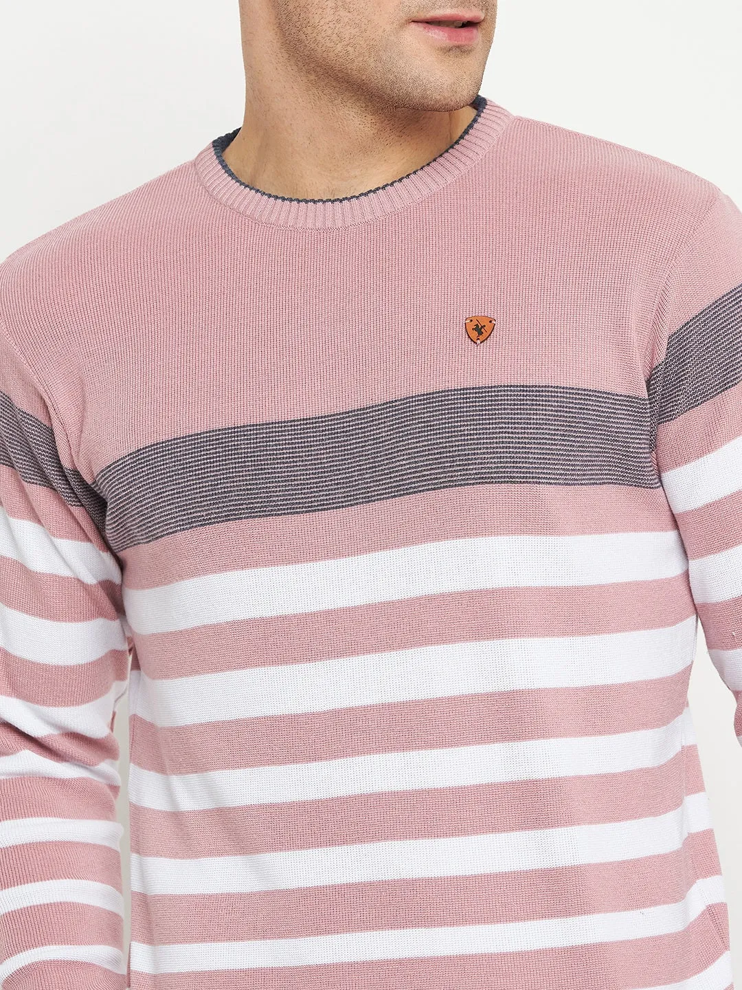 Striped Dark Pink Full Sleeves Round Neck Regular Fit Casual Sweater for Men
