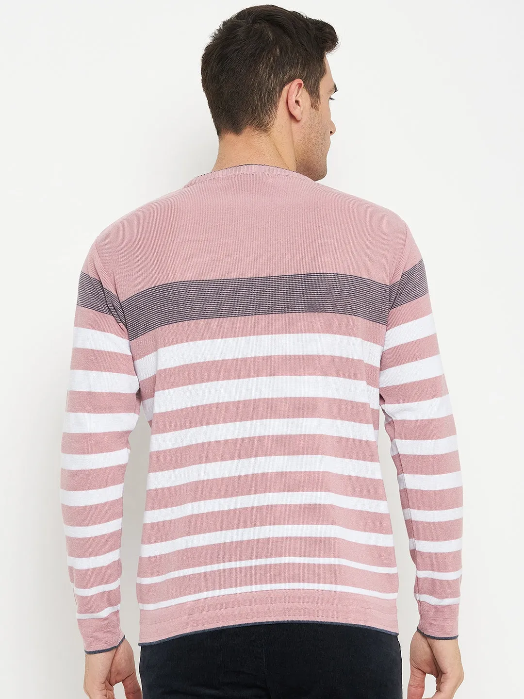 Striped Dark Pink Full Sleeves Round Neck Regular Fit Casual Sweater for Men