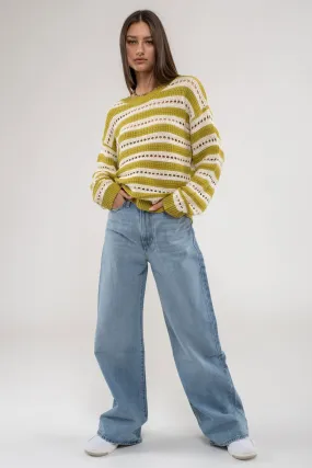 STRIPED EYELET KNIT PULLOVER SWEATER