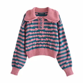 Striped Long Sleeve Cable Knit Chunky Sweater