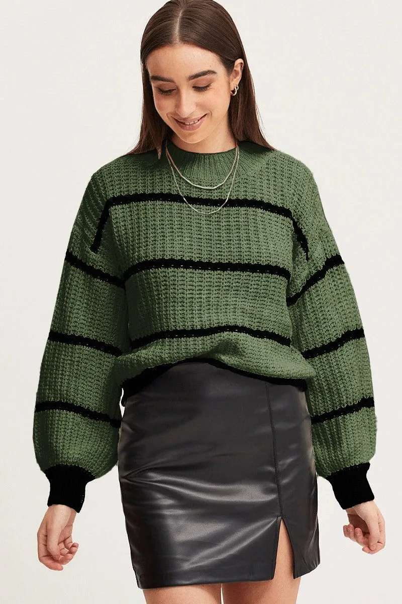 Striped Mock Neck Drop Shoulder Sweater