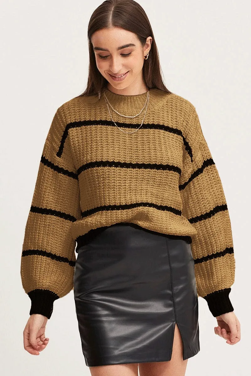 Striped Mock Neck Drop Shoulder Sweater