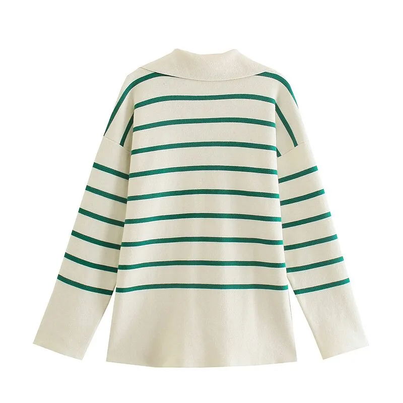 Striped Sweaters Lapel V Neck Long Sleeve Chunky Knit Oversized Pullover Sweater Jumper