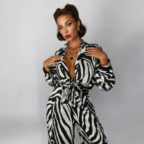 Stripes Pants Set Long Sleeve Blouse Matching Wide Trousers Suit