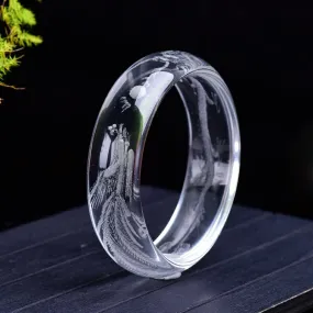 Stunning White Quartz Bangle with Etched Dragon & Phoenix 54-63mm