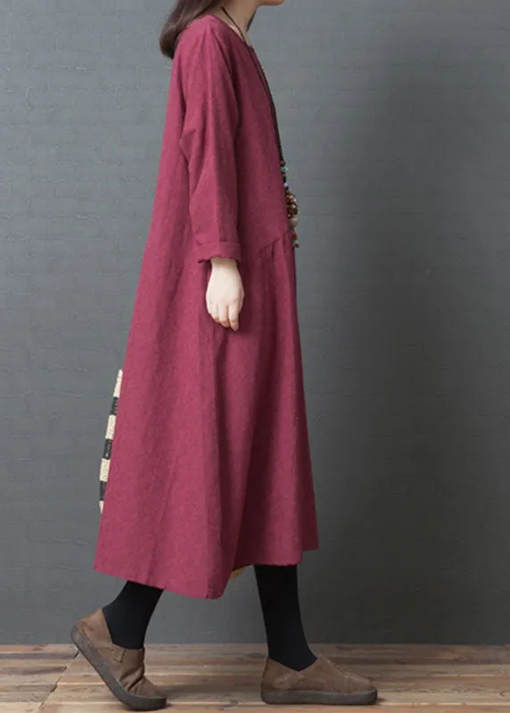 Stylish Green O-Neck Patchwork Linen Dresses Spring