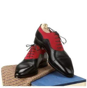 Stylish Handmade Black & Red Oxford Leather & Suede Lace Up Dress Shoes