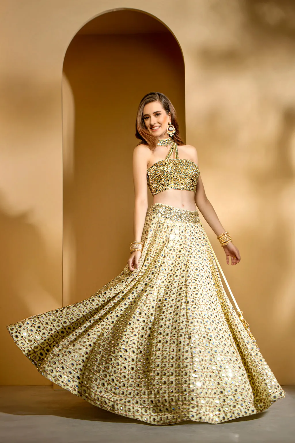Stylish mirror embroidered top and skirt