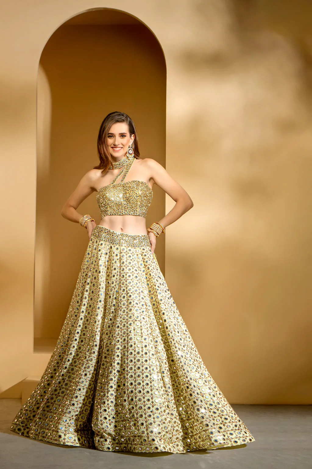 Stylish mirror embroidered top and skirt