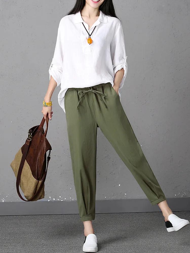 Stylish Women Drawstring Waist Solid Harem Pants