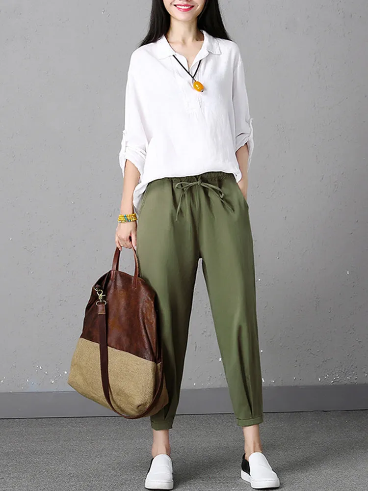 Stylish Women Drawstring Waist Solid Harem Pants