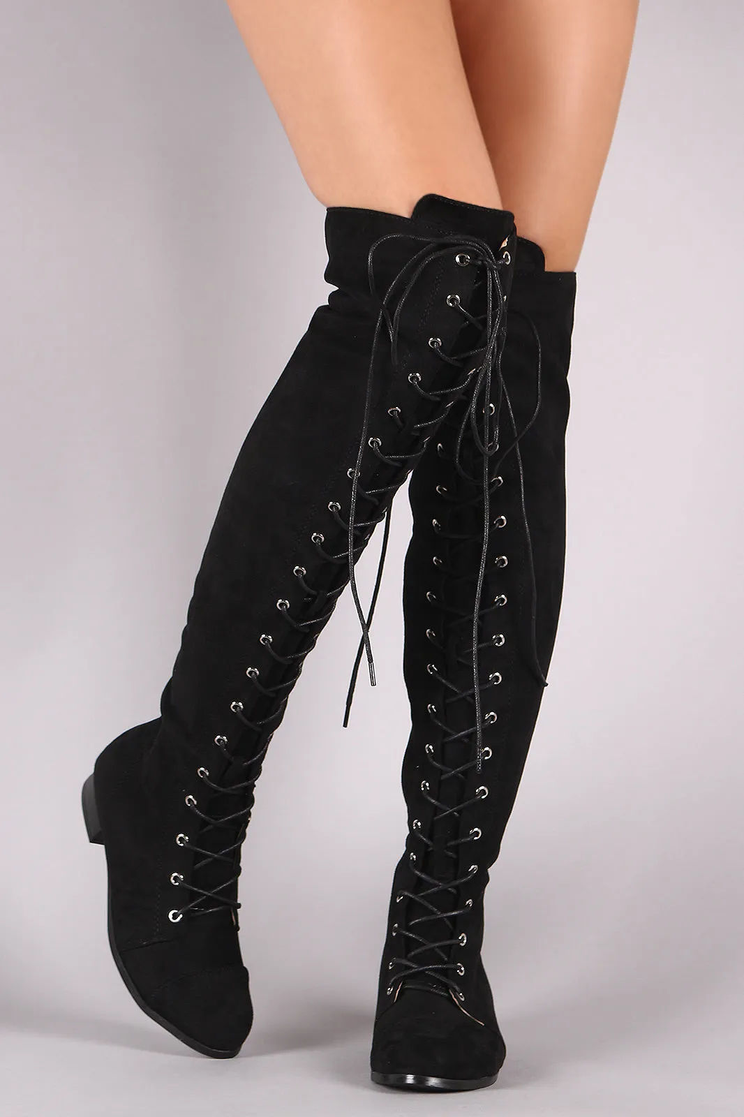 Suede Almond Toe Lace Up Combat Over-The-Knee Boots