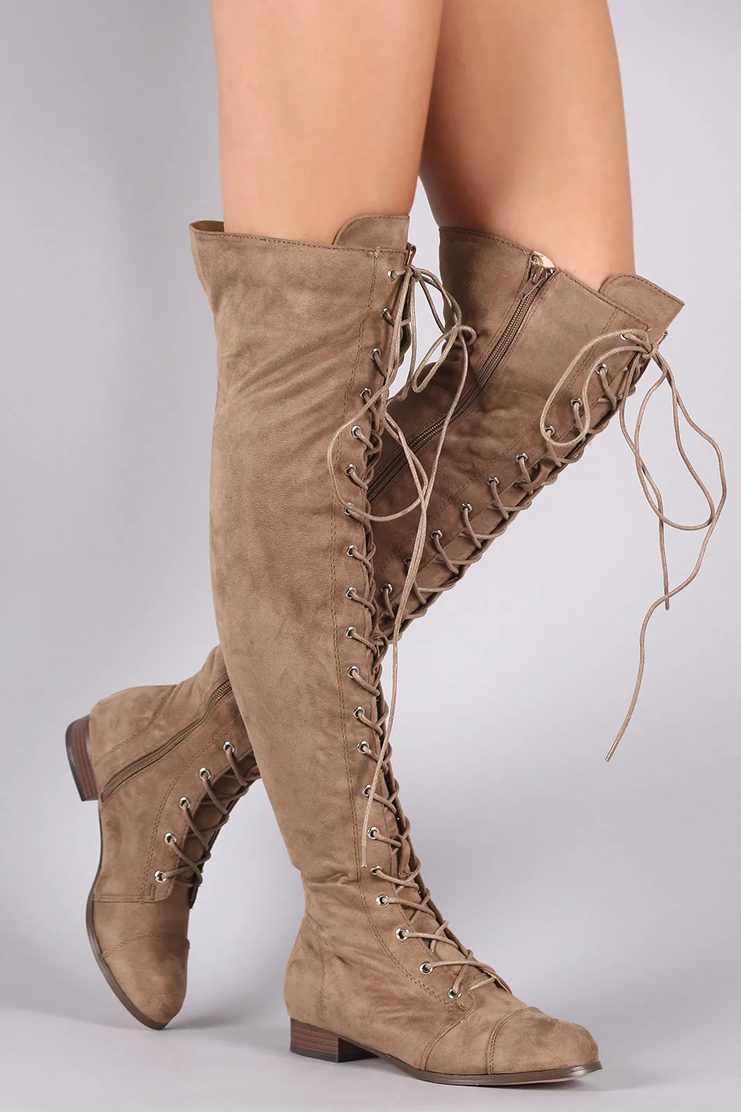 Suede Almond Toe Lace Up Combat Over-The-Knee Boots