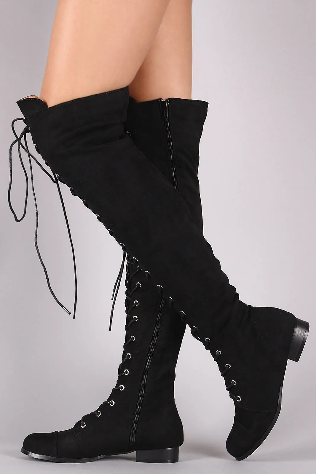 Suede Almond Toe Lace Up Combat Over-The-Knee Boots