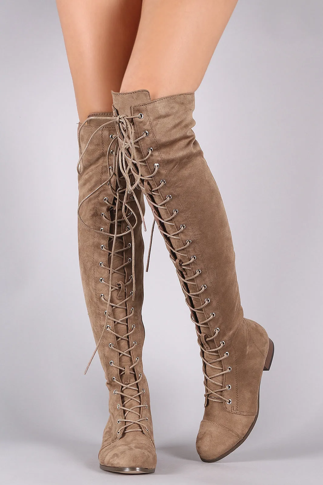 Suede Almond Toe Lace Up Combat Over-The-Knee Boots