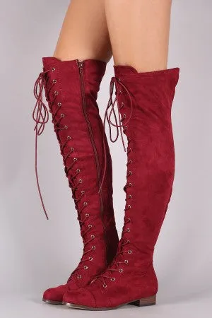 Suede Almond Toe Lace Up Combat Over-The-Knee Boots