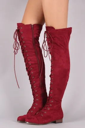 Suede Almond Toe Lace Up Combat Over-The-Knee Boots