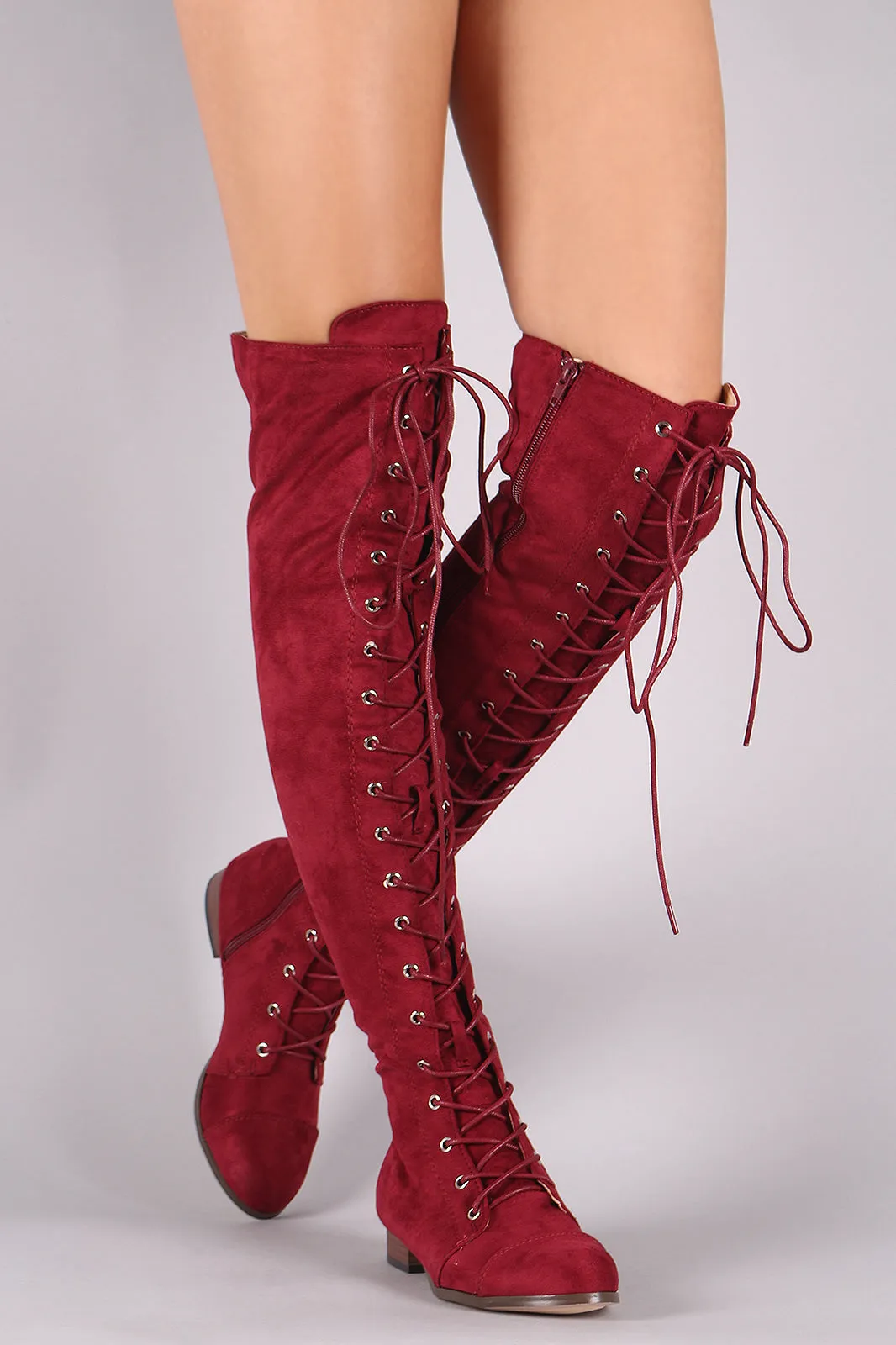Suede Almond Toe Lace Up Combat Over-The-Knee Boots