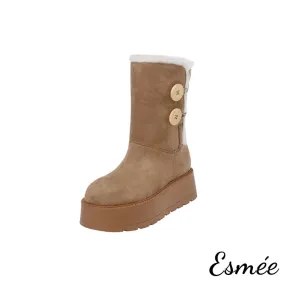 Suede Snow Boots with Button & Sheep Hair Design