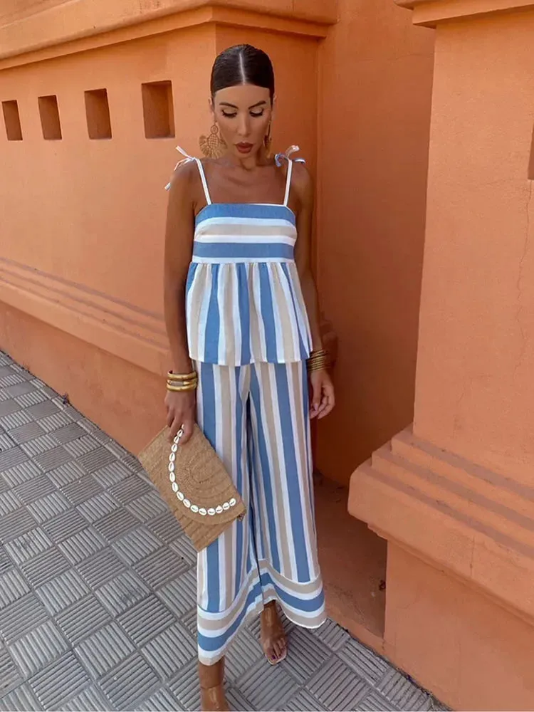 Summer Casual Contrasting Striped Sling Top Pants Suits Chic Sleeveless Backless Lace Up Tops Wide Legs Pants Set For Women