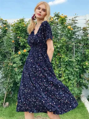 Summer Floral Navy Sleeveless Midi Dress