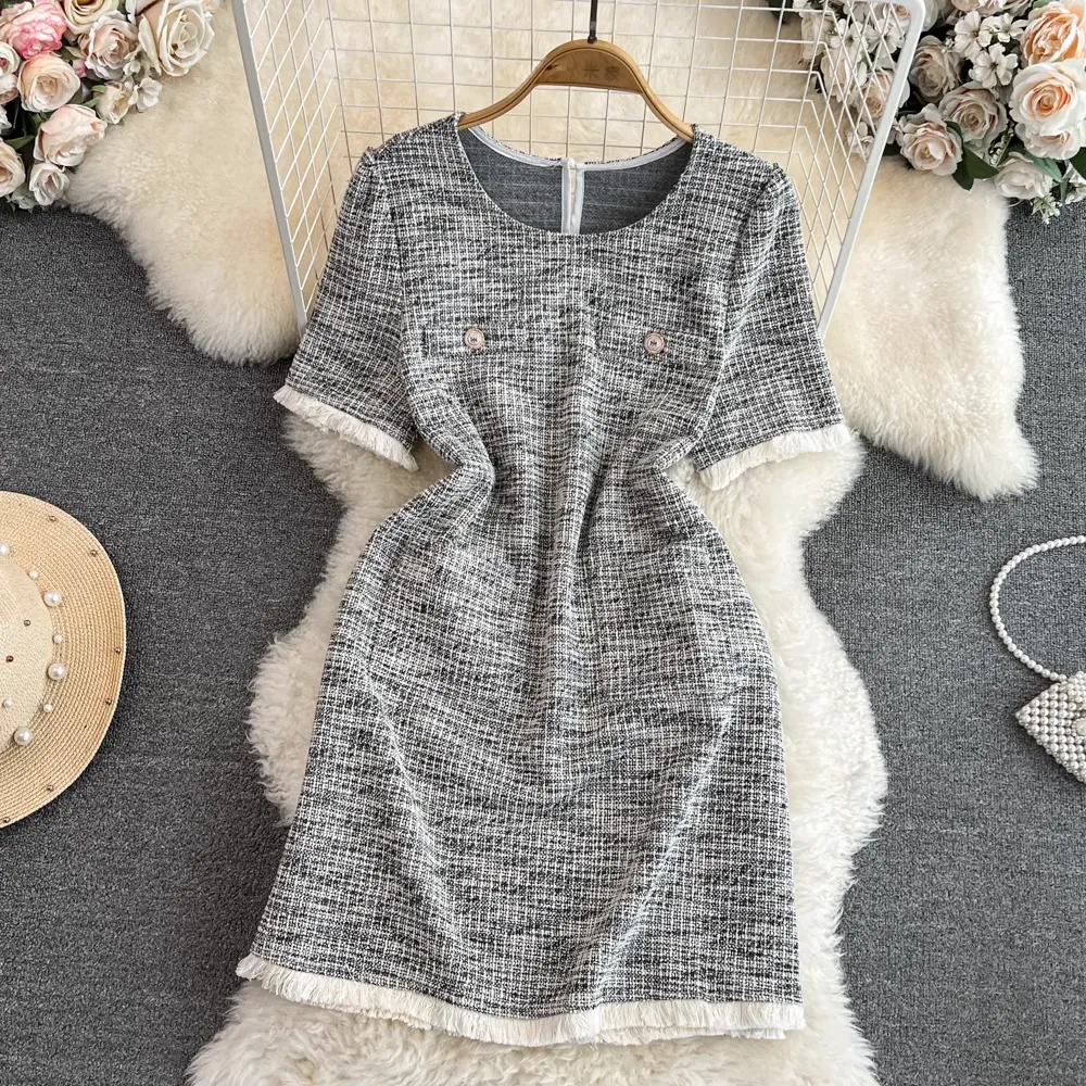Summer Retro Short Sleeves Round Neck A Line Tassel Dress 1485
