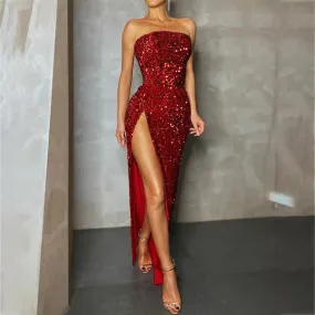 Summer Sequin Strapless Spring Red High Slit Club Midi Women Dress
