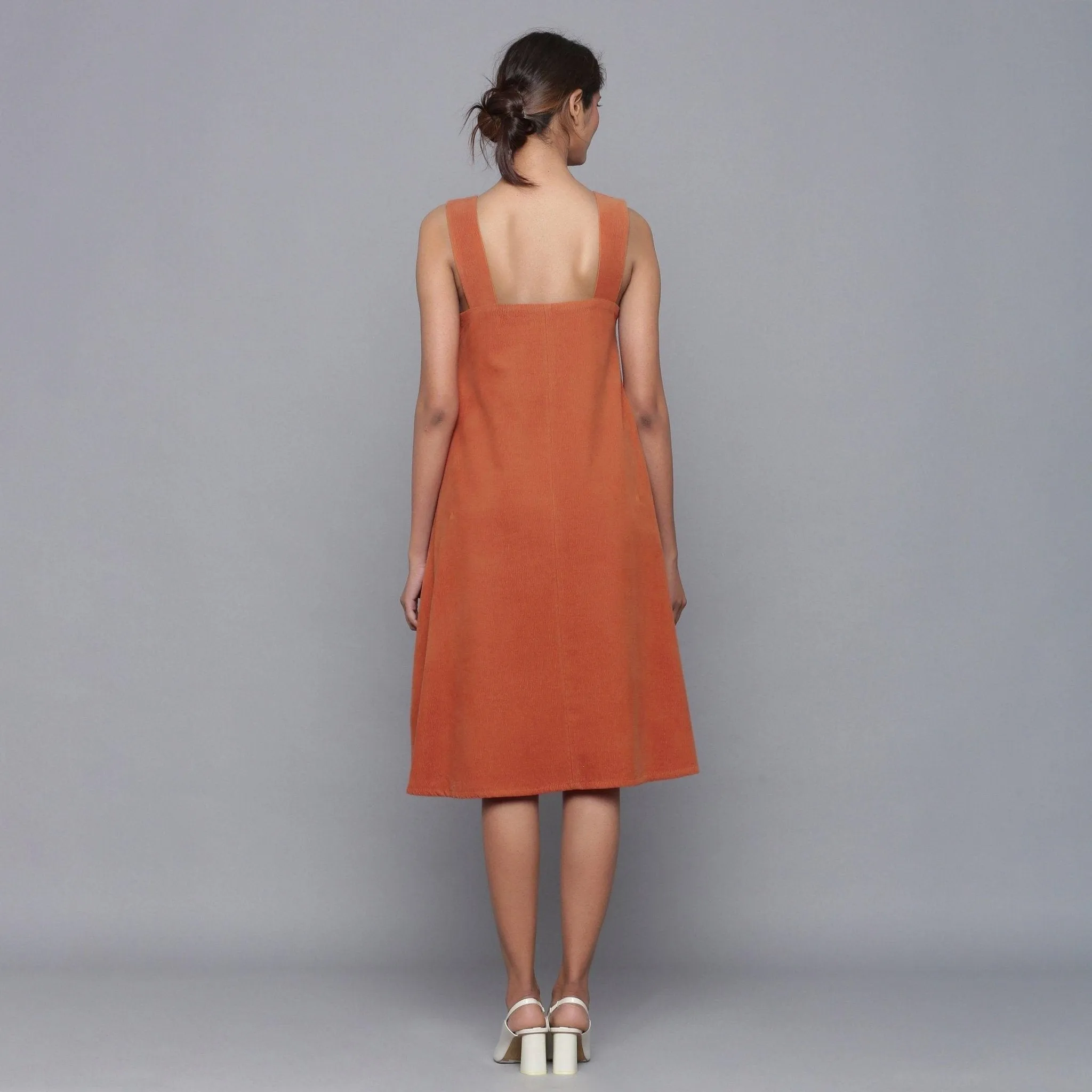 Sunset Rust Warm Cotton Corduroy Knee Length Flared Dress