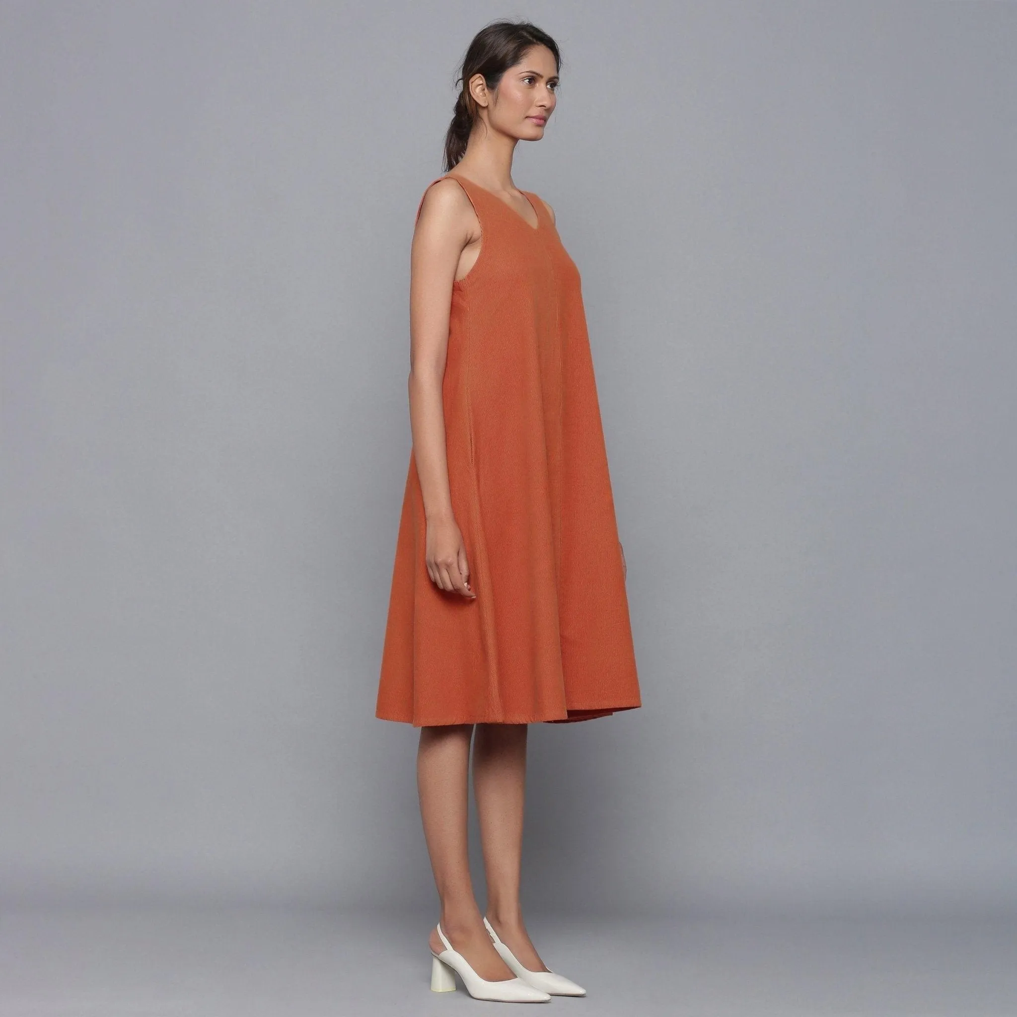 Sunset Rust Warm Cotton Corduroy Knee Length Flared Dress