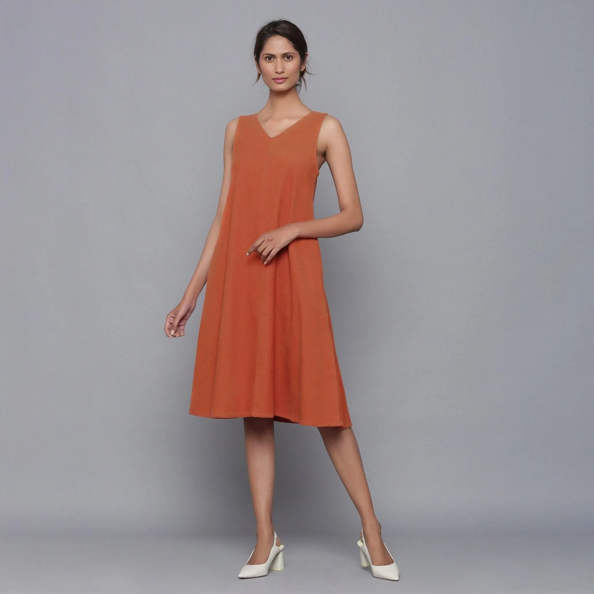 Sunset Rust Warm Cotton Corduroy Knee Length Flared Dress