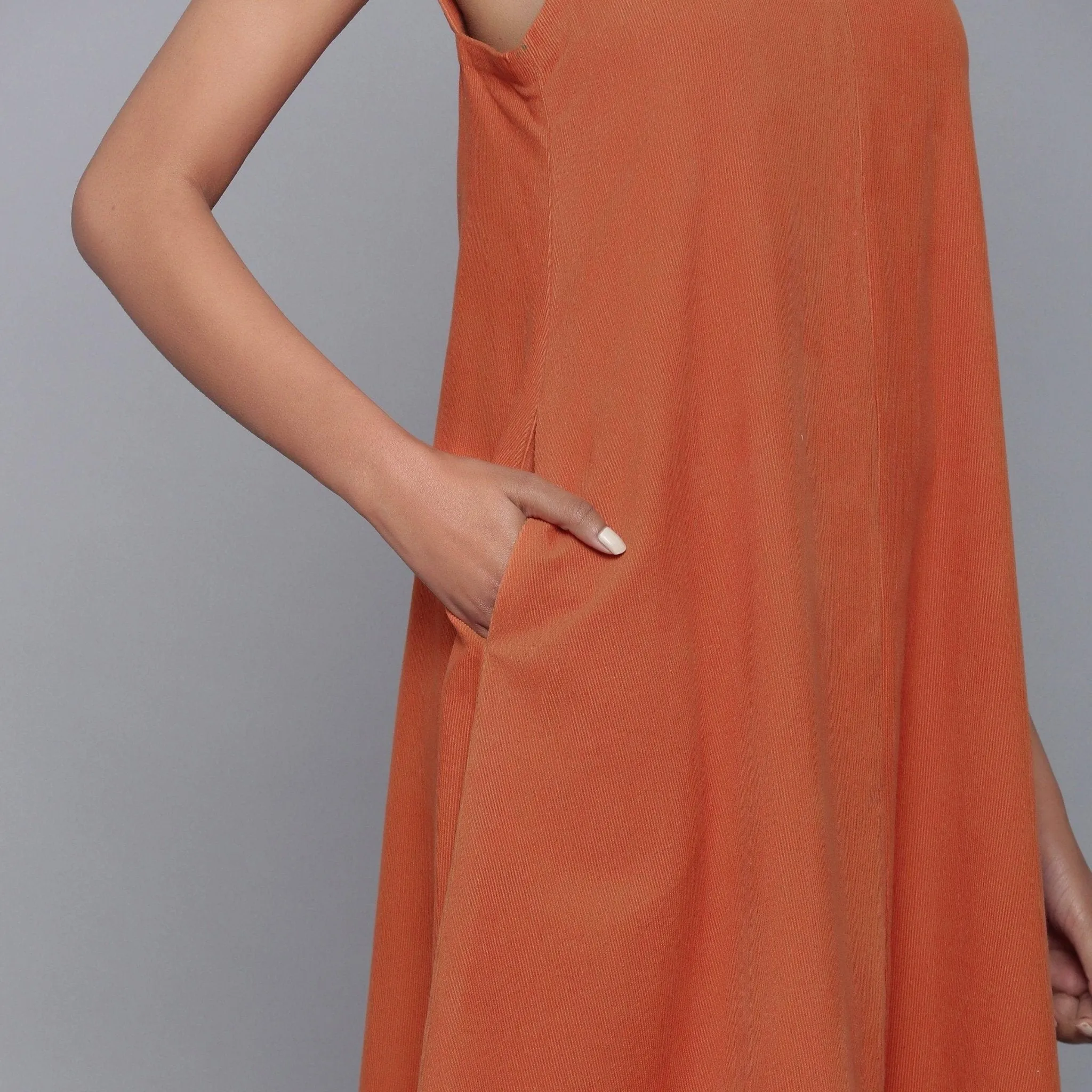 Sunset Rust Warm Cotton Corduroy Knee Length Flared Dress