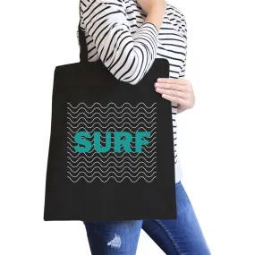 Surf Waves Black Unique Design Canvas Beach Tote Gift For Surfers