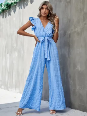 Surplice Neck Ruffle Belted Wide Leg Jumpsuit