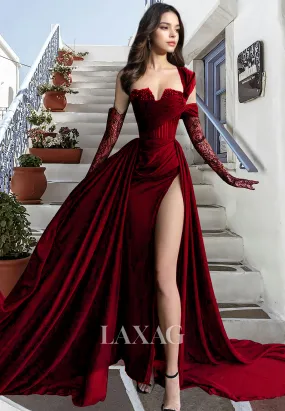 Sweetheart Off-Shoulder Pleated Evening Gowns Lace Gloves Beaded High Slit A-Line Prom Dress