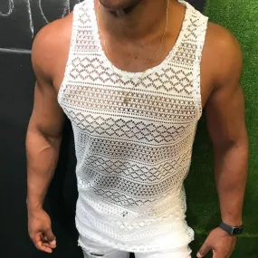 Tank Top for Men Lace Hollow Out Sleeveless Shirts Summer Mens Clothing Slim Fit Gym Clothes Workout Solid Color Vest Tops 2023