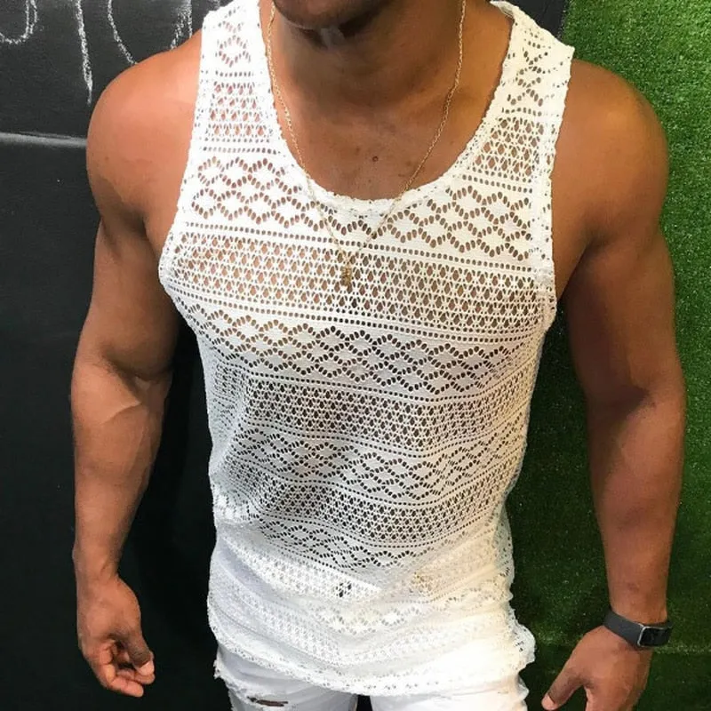 Tank Top for Men Lace Hollow Out Sleeveless Shirts Summer Mens Clothing Slim Fit Gym Clothes Workout Solid Color Vest Tops 2023
