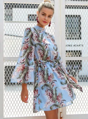 TastyHottie - Flare Sleeve Floral Print Chiffon Dress Beach
