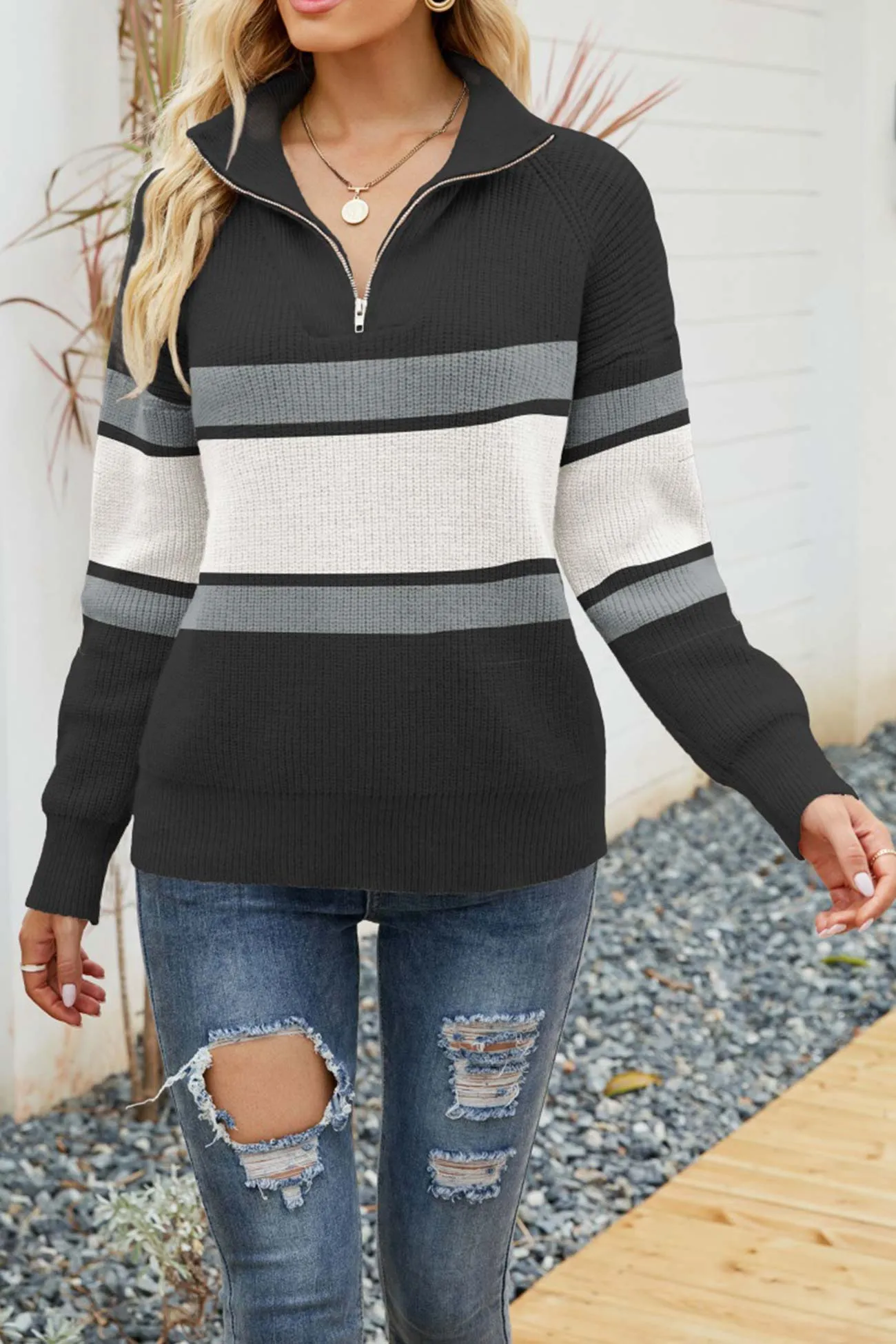 TastyHottie - Lapel Zip-up Sweater
