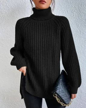 TastyHottie - Raglan sleeve turtleneck slit sweater