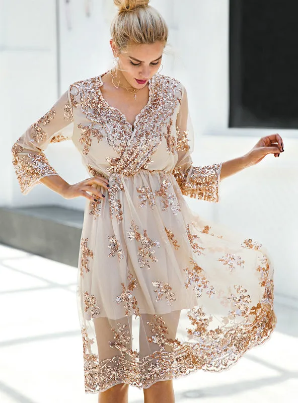 TastyHottie - V neck long sleeve sequin party dress