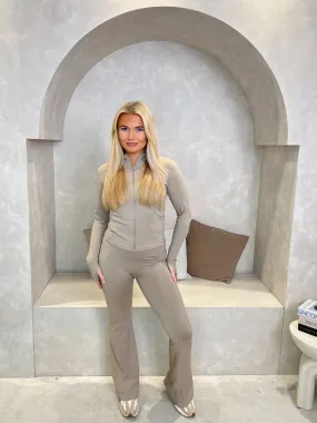 Taupe Zip Jacket Wide Leg Trouser Set