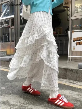 TAVIMART  -  Midi Long Skirt Womens Polka Dot Goth Lolita Summer Skirt Side Jag High Waisted Asymmetrical High Low Ruched Ruffle Skirts rok