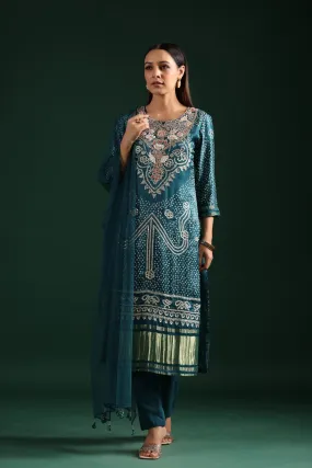 Teal Blue Bandhani Embroidered Kurta Set