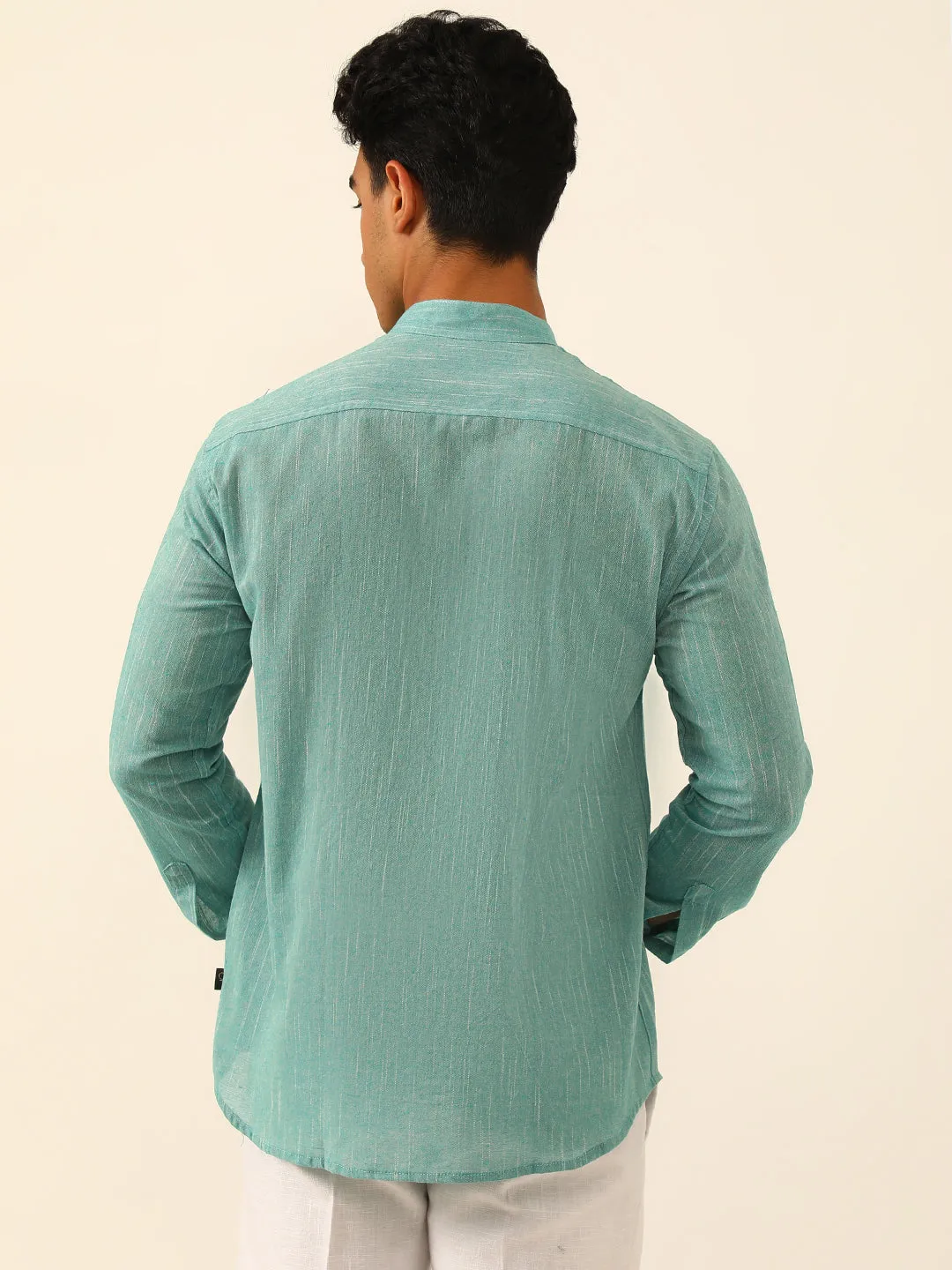 Teal Textured Premium Cotton Linen Regular Fit Solid Shirt
