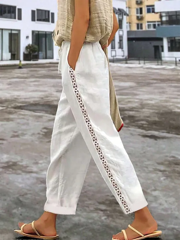 TEEK - White Side Net Elastic Drawstring Straight Pants