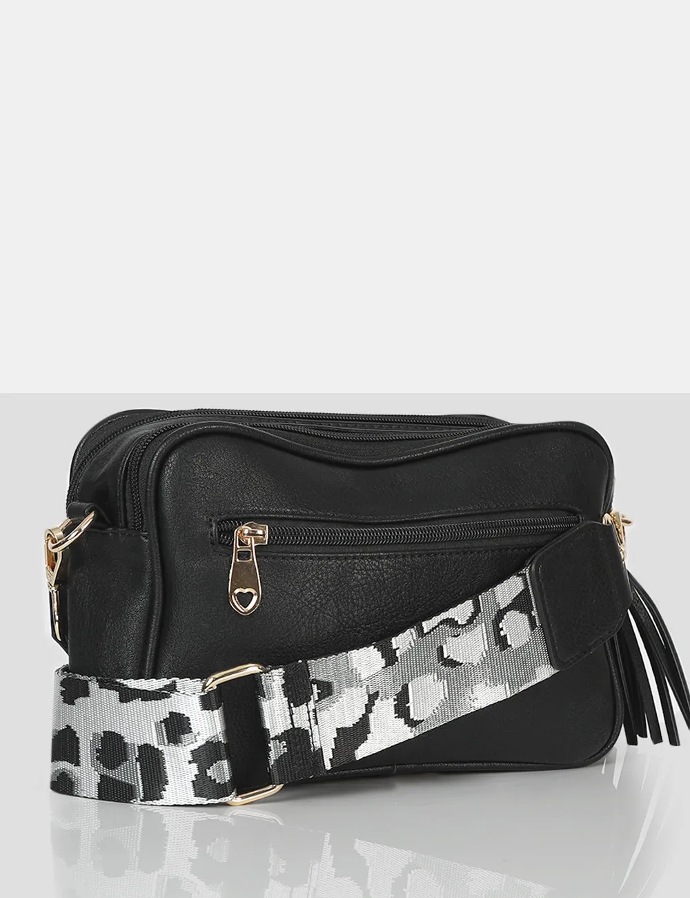 The Casey Black Animal Print Strap Zip Up Crossbody Bag
