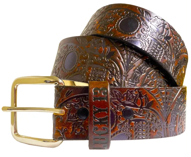 The DEAD SKULL Embossed Leather Belt - Antiqued Brown