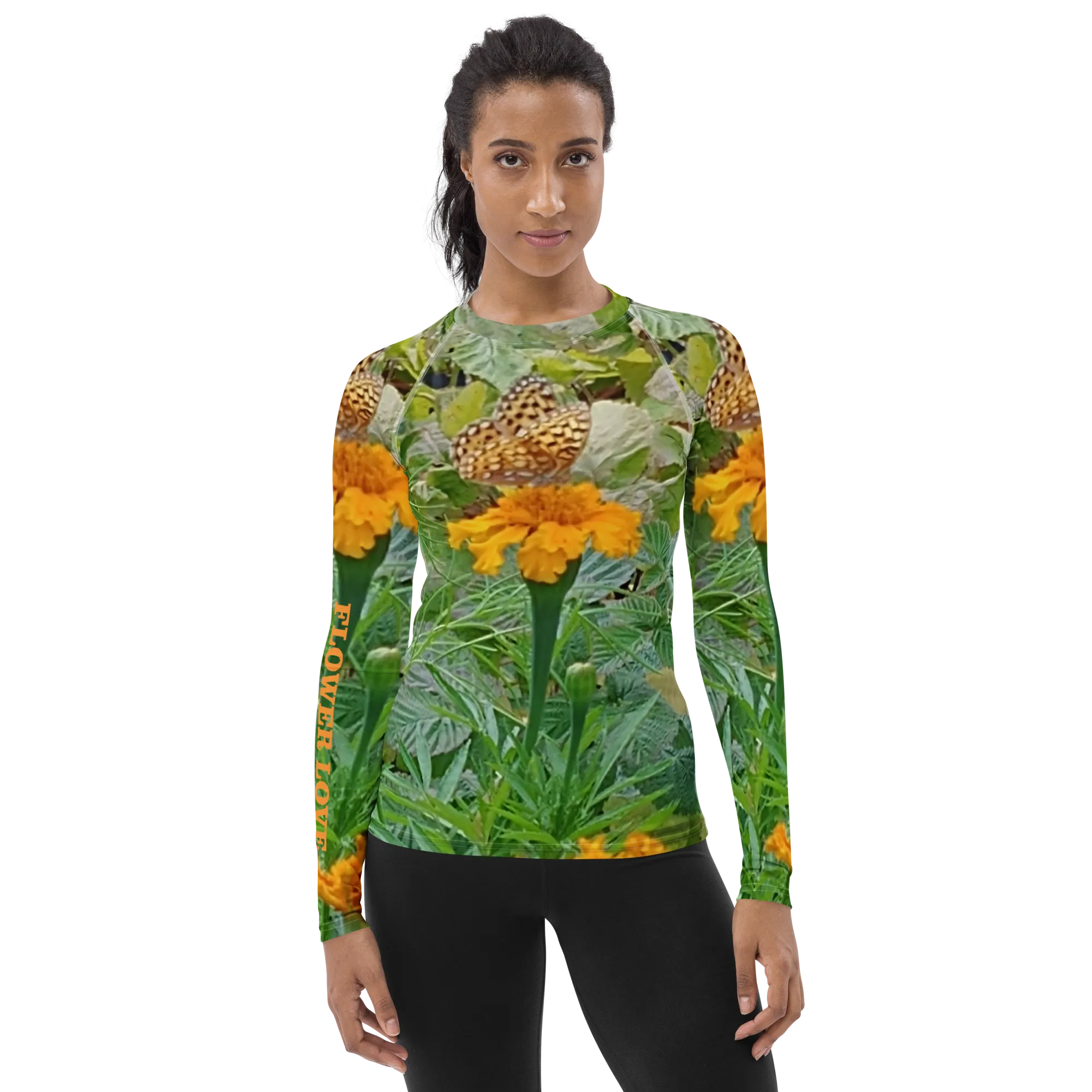 The FLOWER LOVE Collection - "Butterfly on a Bloom" Design Luxurious Women's Rash Guard, Sun Protective Clothing, Sports & Fitness Clothing
